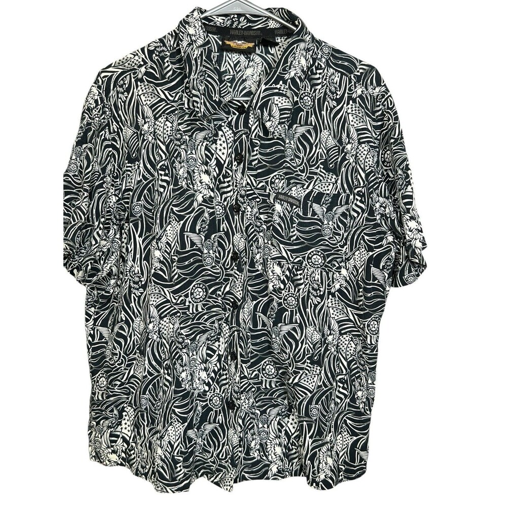 Harley-Davidson Eagle American Flag Hawaiian Patriotic Shirt Woman X-Large Black